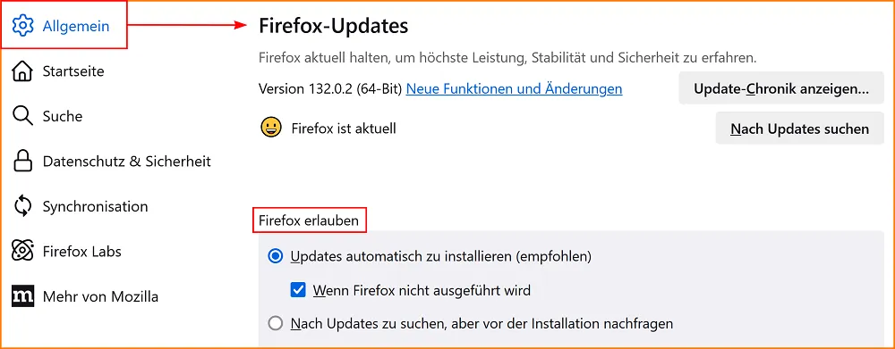 Einstellungen für Firefox-Updates im Allgemein-Bereich