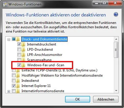 Einstellungen für optionale Windows-Funktionen: Aktivieren von Windows Fax und Scan