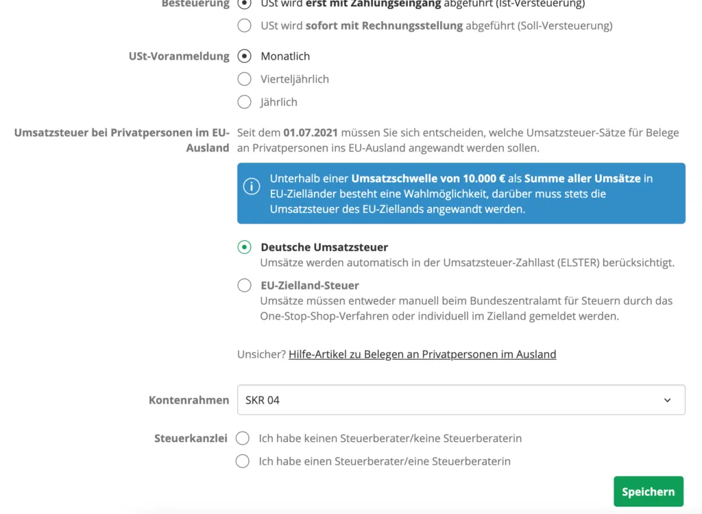 Einstellungen für Umsatzsteuer und OSS-Verfahren in lexoffice