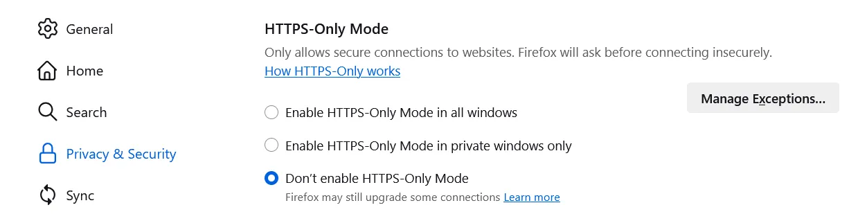 Einstellungen HTTPS-Only Modus 2