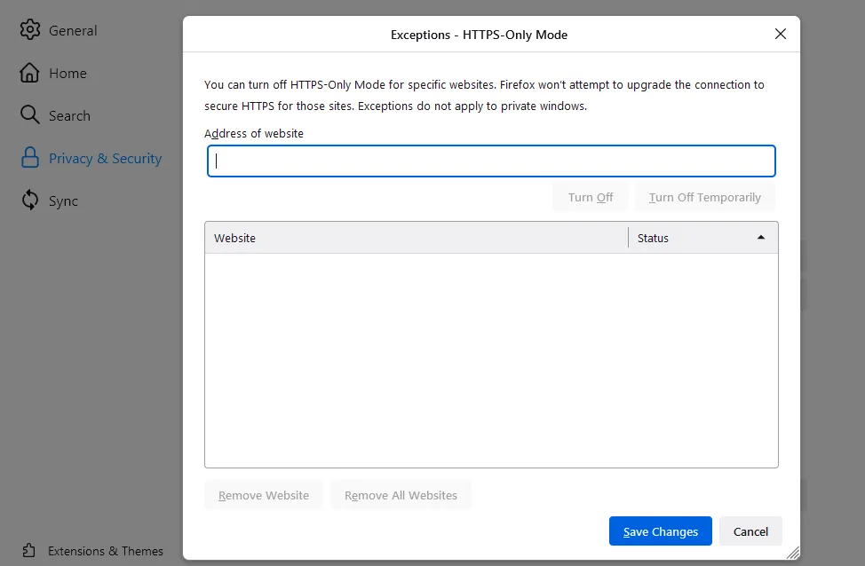 Einstellungen HTTPS-Only Modus Ausnahme