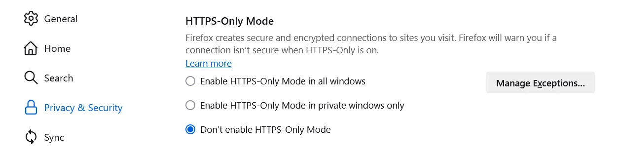 Einstellungen HTTPS-Only Modus