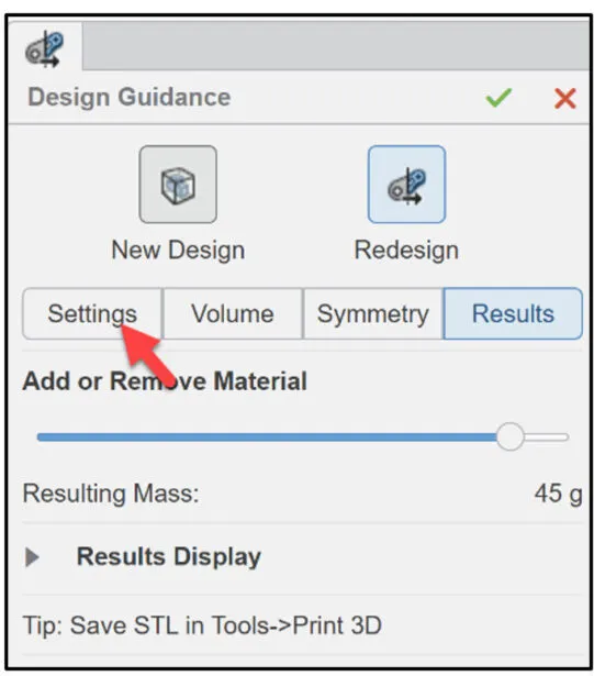Einstellungen-Registerkarte im Design Guidance Dialogfeld von SOLIDWORKS xDesign mit Ziel-Massenreduktion.