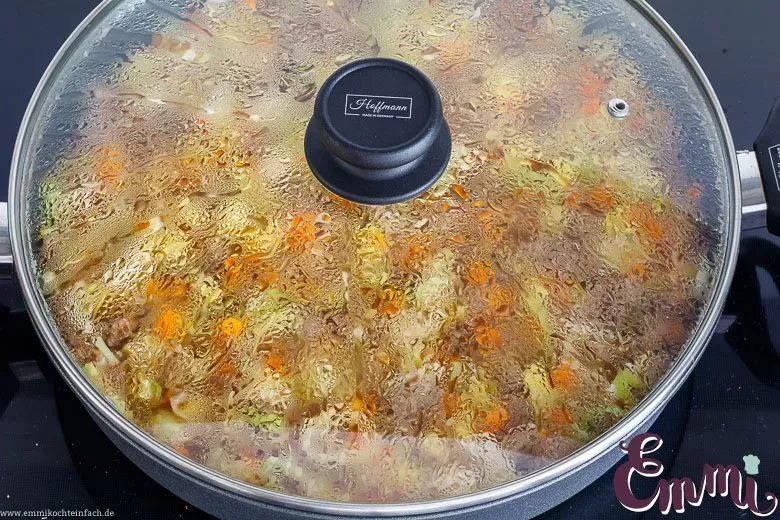 Eintopf köchelt mit geschlossenem Deckel in einem großen Topf auf dem Herd, um alle Aromen zu bewahren