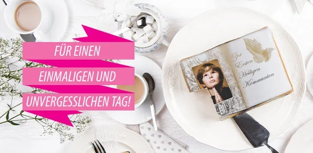 Elegante Kommunionstorte mit Kreuz und Hostie als Symbol für den Sakramentempfang