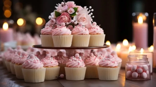 Elegante rosa Erdbeer-Cupcakes mit üppiger Buttercreme-Glasur und frischen Erdbeeren, perfekt für eine feminine Geburtstagsfeier.