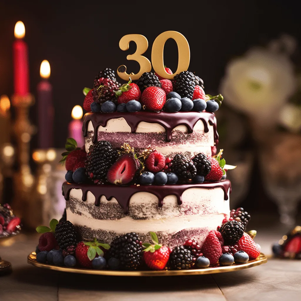 Eleganter Naked Cake zum 30. Geburtstag einer Frau mit frischen Beeren und Schokoladen-Drip-Effekt, perfekt für eine moderne Feier