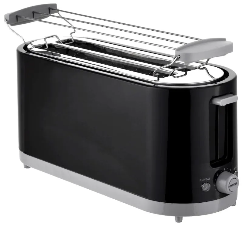 Eleganter schwarzer 4-Scheiben Langschlitz-Toaster von Tim Home mit Brötchenaufsatz auf einer modernen Küchentheke