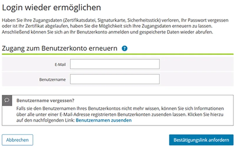 ELSTER-Portal: Seite zur Passwortwiederherstellung