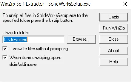 Entpacken des SOLIDWORKS Installationsmanagers für die Privatlizenz