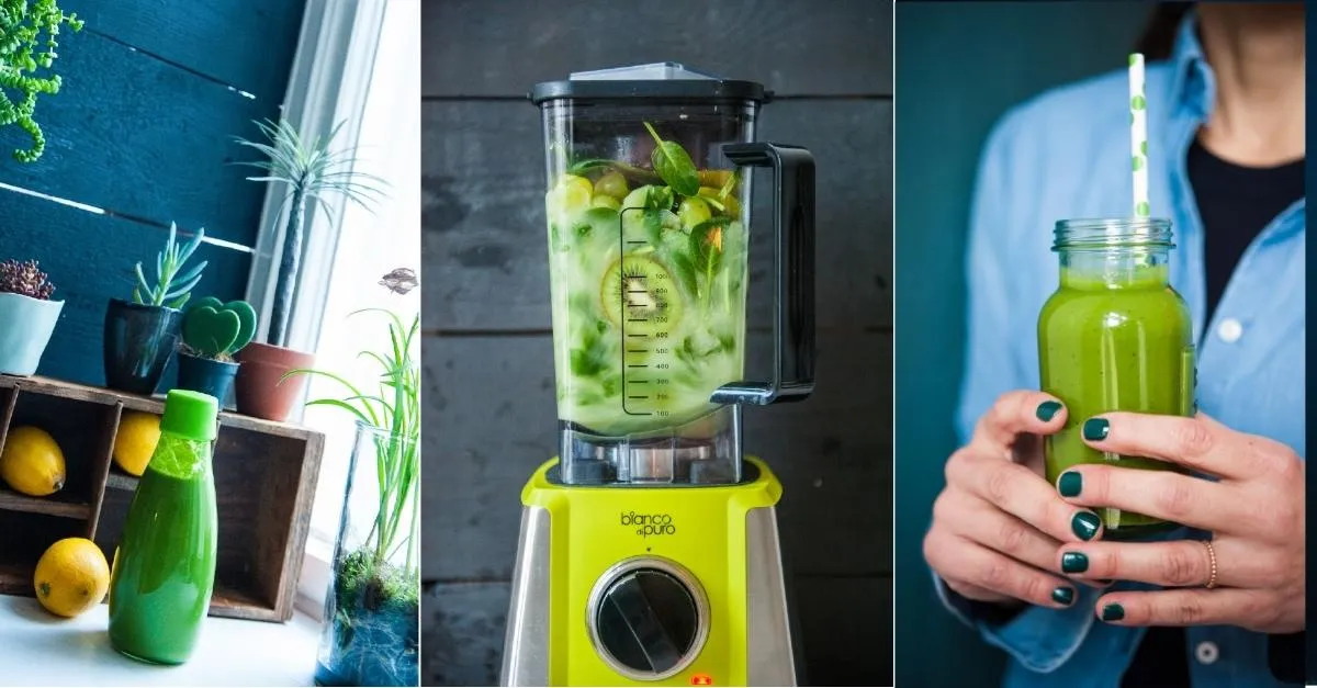 Erfrischender Spinat Smoothie mit Apfel, Kiwi und Trauben im Glas auf Holzuntergrund