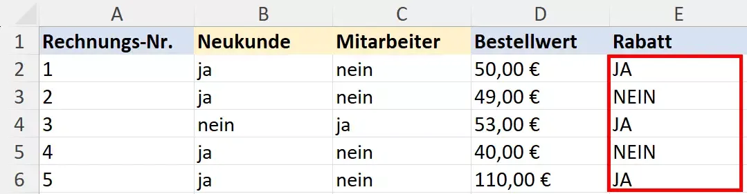 Ergebnis der verschachtelten WENN-UND-ODER-Funktion in Excel zeigt Rabattberechtigung für Bestellungen