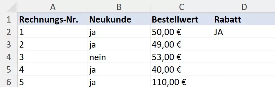 Ergebnis der WENN-UND-Formel in Excel Zelle D2 zeigt &quot;JA&quot; für eine rabattberechtigte Bestellung