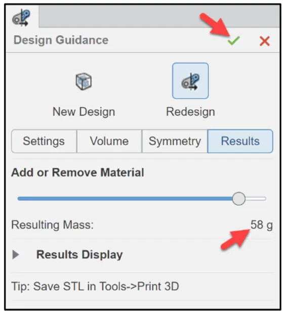 Ergebnisdialog der Design Guidance-Studie in SOLIDWORKS xDesign mit der neuen resultierenden Masse von 58g.