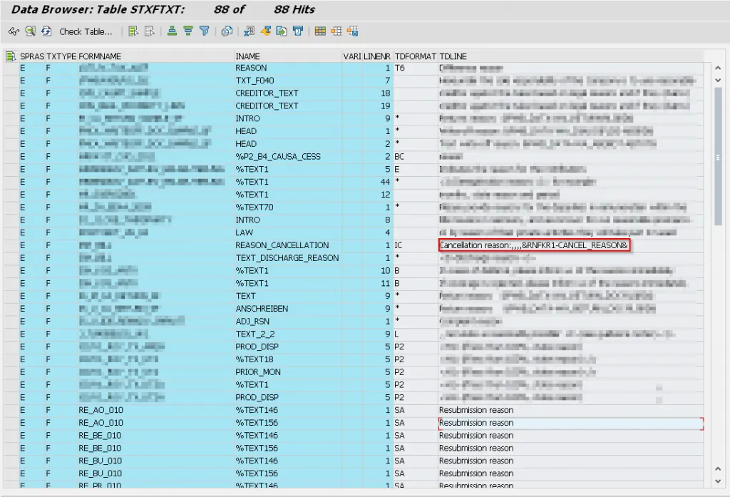 Ergebnisliste der STXFTXT-Suche mit hervorgehobenem FORMNAME für die weitere Bearbeitung in SE63