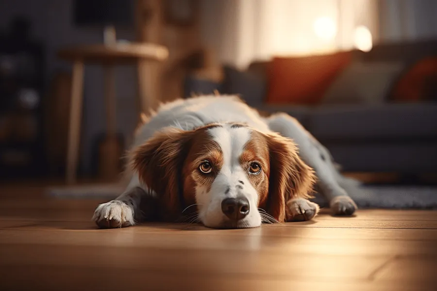 Erschöpfter Hund liegt auf dem Boden.