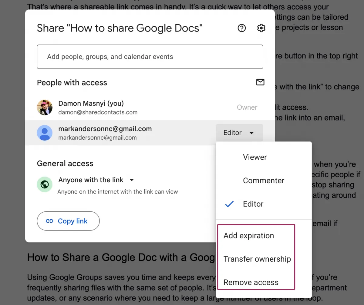 Erweiterte Freigabeoptionen in Google Docs