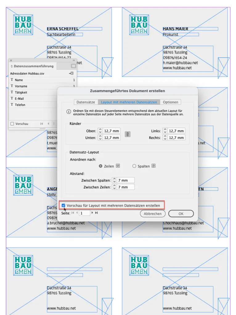 Es öffnet sich eine deutschsprachige Softwareoberfläche zur Erstellung eines kombinierten Dokuments, die an InDesign Serienbrief erinnert. Sie beinhaltet Optionen für Ränder und Layoutdaten. Im Hintergrund sind sechs Formularvorlagen mit Platzhaltern für Namen, Adressen und Kontaktdaten der „HUBAU GmbH“ zu sehen.
