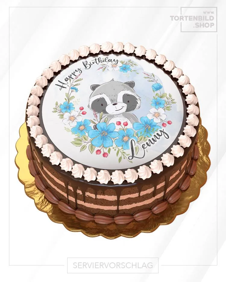 Essbarer Tortenaufleger mit niedlichem Waschbär-Motiv, ideal für Kindergeburtstage oder Tierliebhaber.