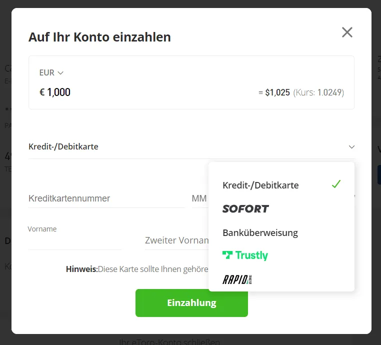 eToro - Einzahlung tätigen