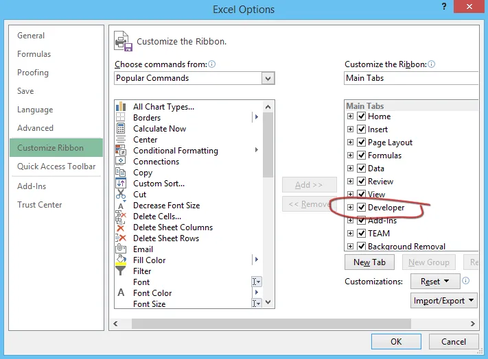 Excel charting developer option