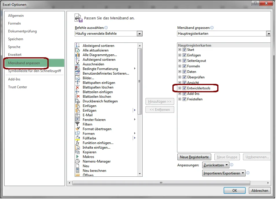 Excel Entwicklertools aktivieren im Menüband