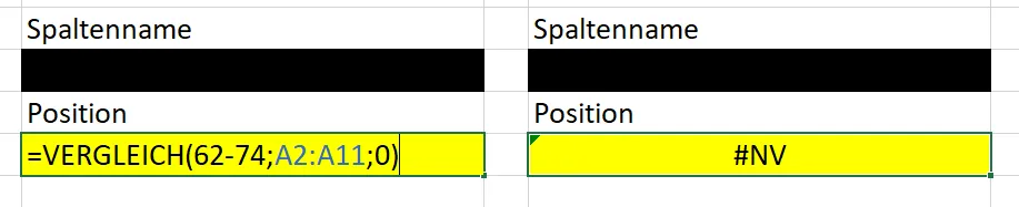 Excel-Fehlermeldung #NV bei fehlenden Anführungszeichen in der VERGLEICH-Formel