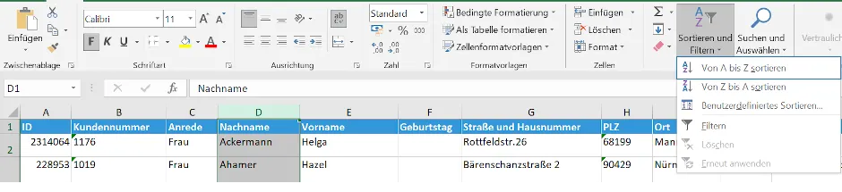 Excel Kundenliste sortieren und filtern