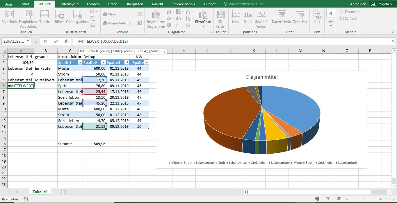 Excel MITTELWERT berechnen
