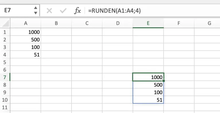 Excel-Tabelle, die die Funktion zum Runden von Zahlen demonstriert.
