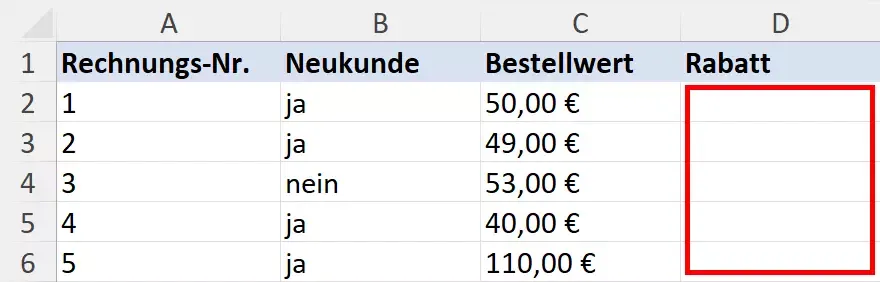 Excel-Tabelle mit Bestellungen und leeren Rabattspalten, bereit für die WENN-UND-Funktion