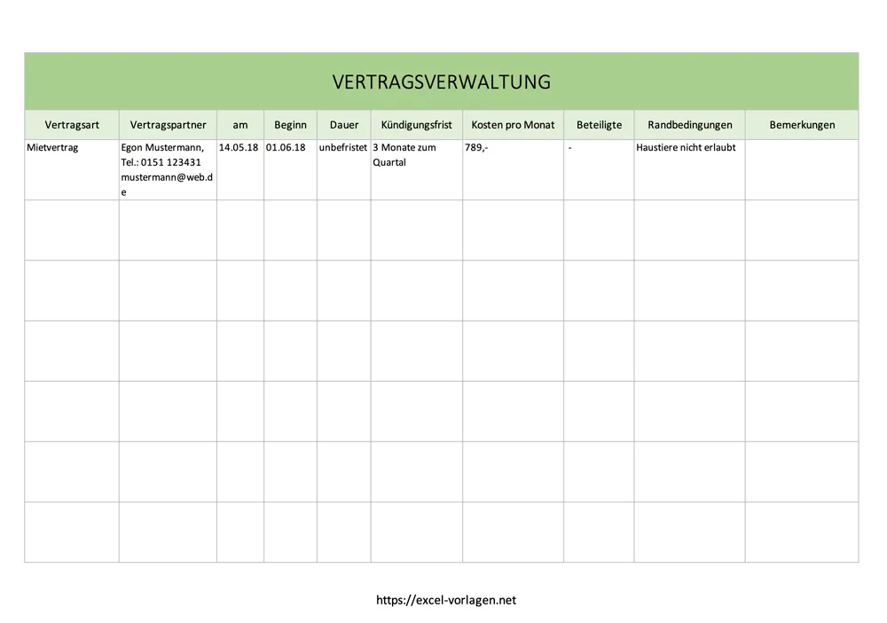 Excel-Vorlage für Vertragsverwaltung: Übersicht mit Vertragsdetails, Kündigungsfristen und monatlichen Kosten