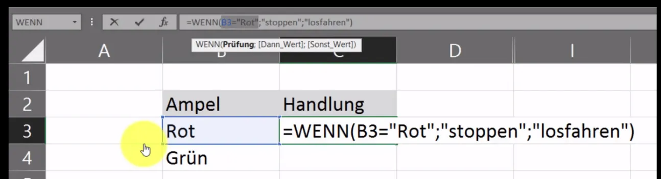 Excel WENN-Funktion Ampel Beispiel: "Rot" führt zu "stoppen"