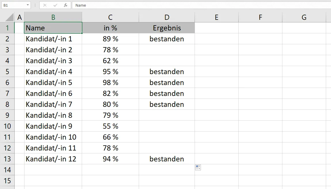 Excel WENN-Funktion Prüfungsergebnis Liste