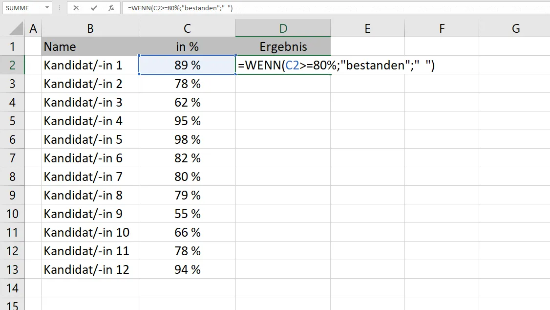 Excel WENN Funktion zur Bewertung von Prüfungsergebnissen