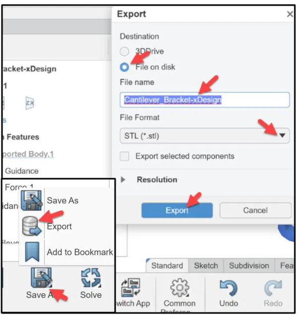 Exportdialogfeld in SOLIDWORKS xDesign, ausgewähltes Dateiformat STL für den Export auf Festplatte.