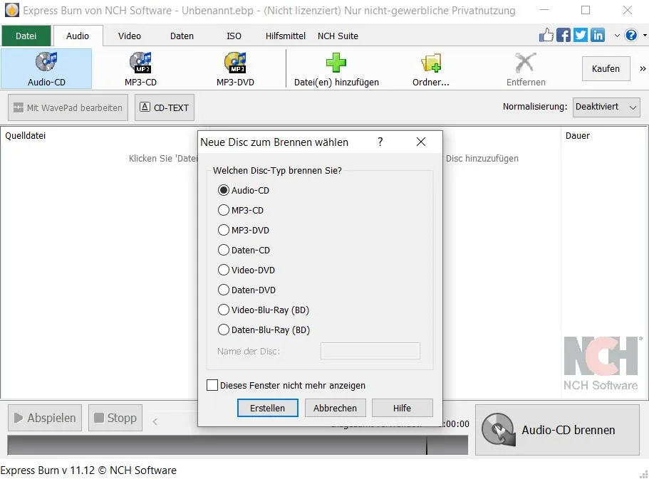 Express Burn Brennprogramm Oberfläche