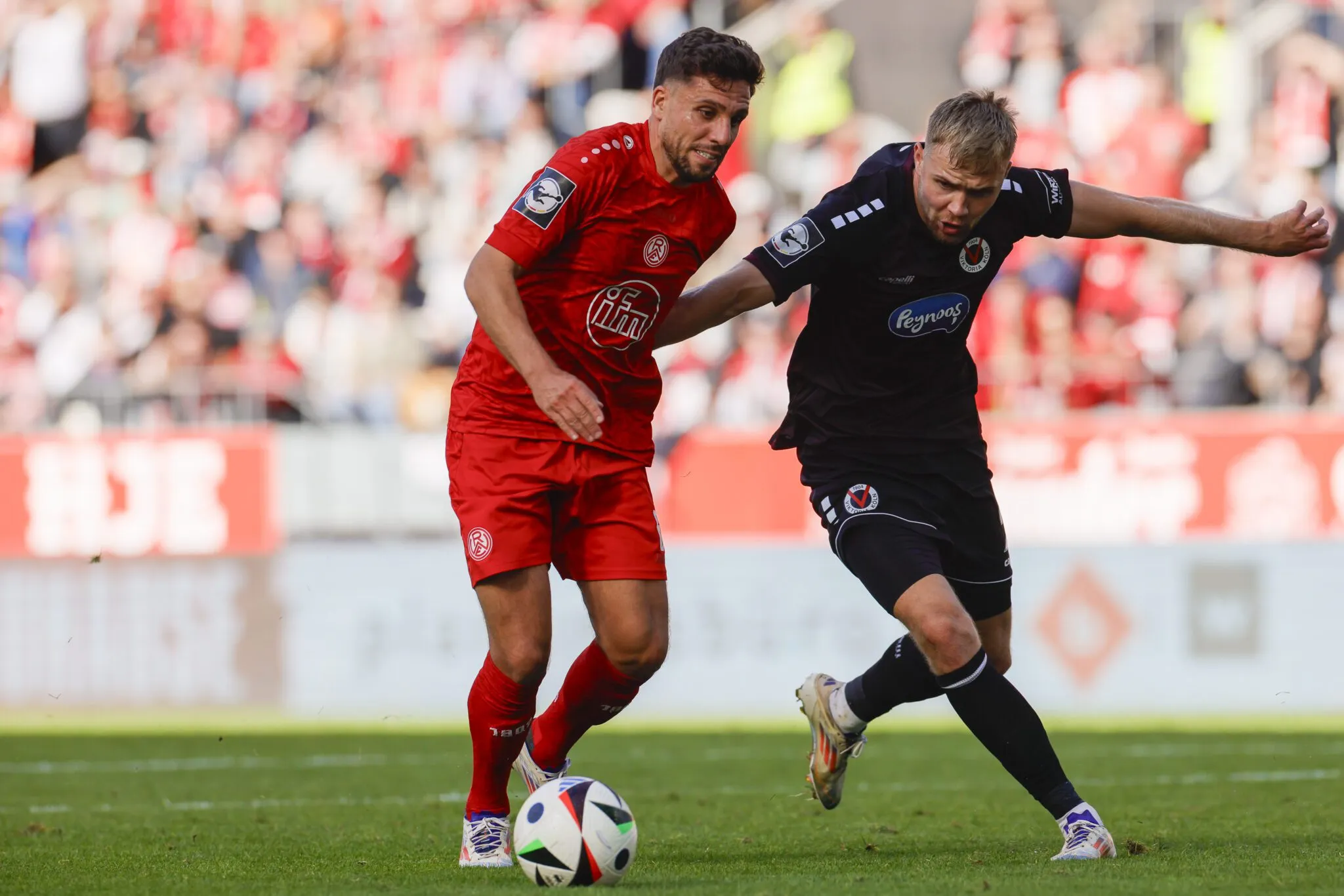 Fans im Stadion an der Hafenstraße bejubeln Rot-Weiss Essen beim Heimspiel gegen Viktoria Köln.