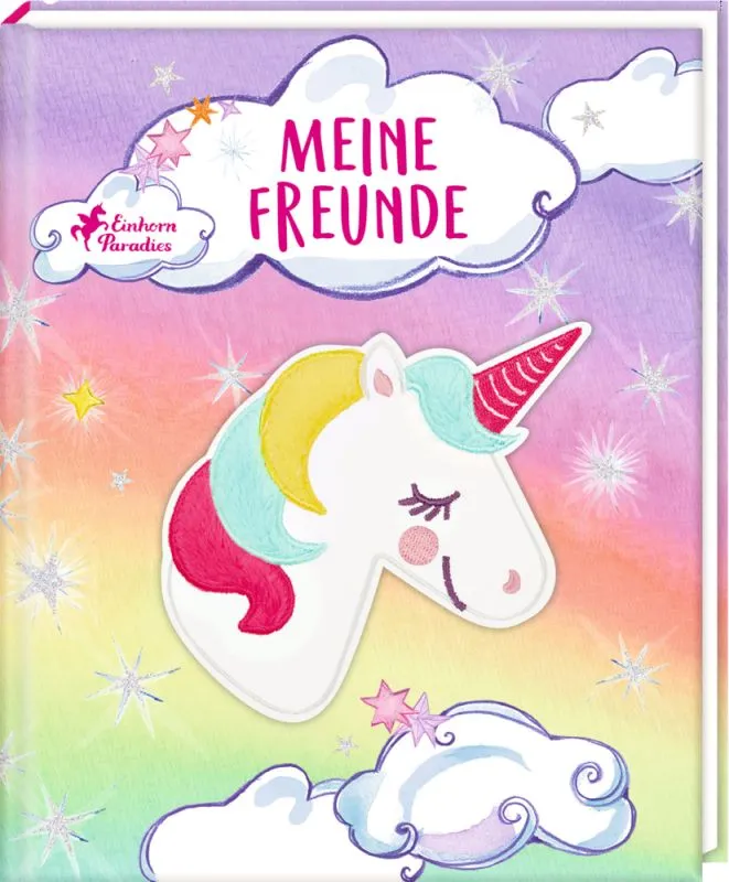 Farbenfroher Buchumschlag mit Einhorn, Sternen, Wolken und dem Titel „MEINE FREUNDE.