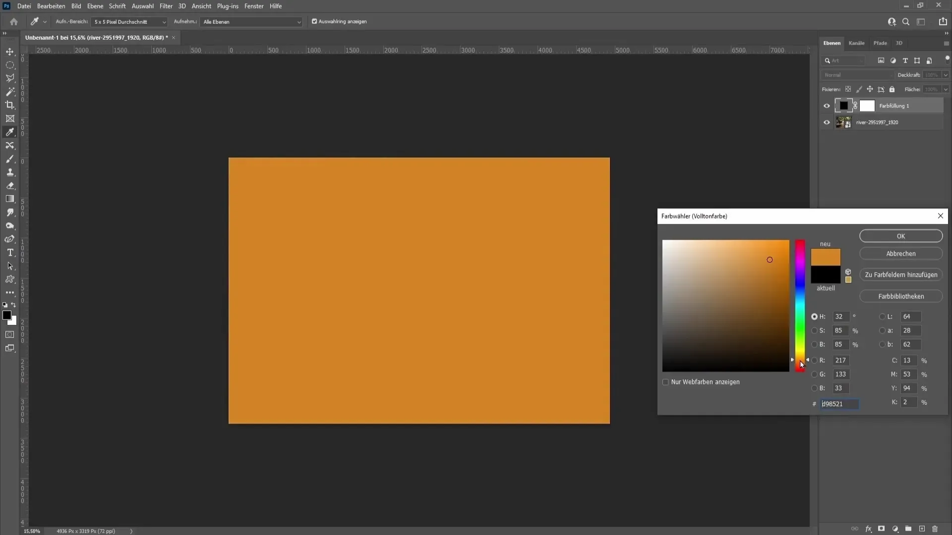 Farbfläche orange Deckkraft für die künstliche Sonne in Photoshop