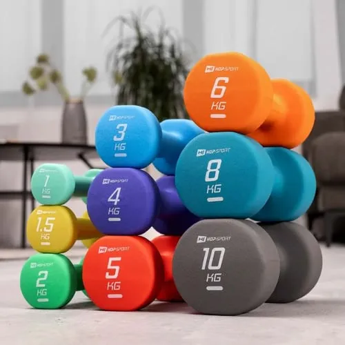 Farbig sortierte Hop-Sport Neopren-Hanteln in verschiedenen Gewichten von 1,5 kg bis 10 kg, gestapelt in einer Pyramide