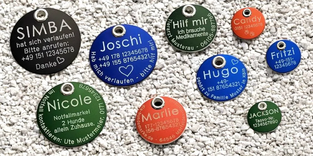 Farbige eloxierte Aluminium Hundemarken, rund, mit Platz für Randbeschriftung
