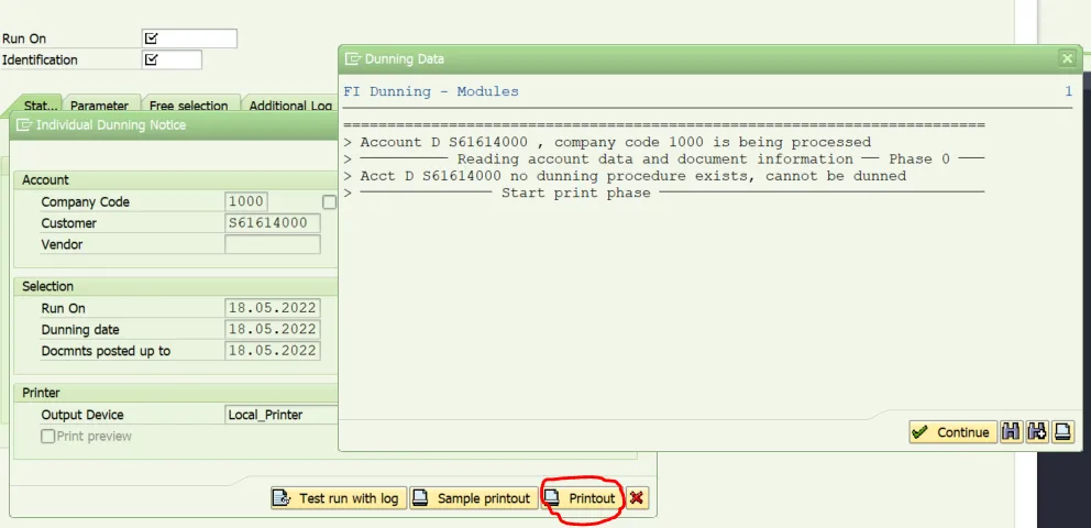 Fehlermeldung SAP F150: 'Keine Mahnungen zum Drucken ausgewählt' – ein Hinweis auf fehlende Mahnobjekte.