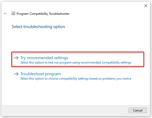 Fenster des Kompatibilitäts-Assistenten mit der Auswahl &quot;Empfohlene Einstellungen testen&quot;.