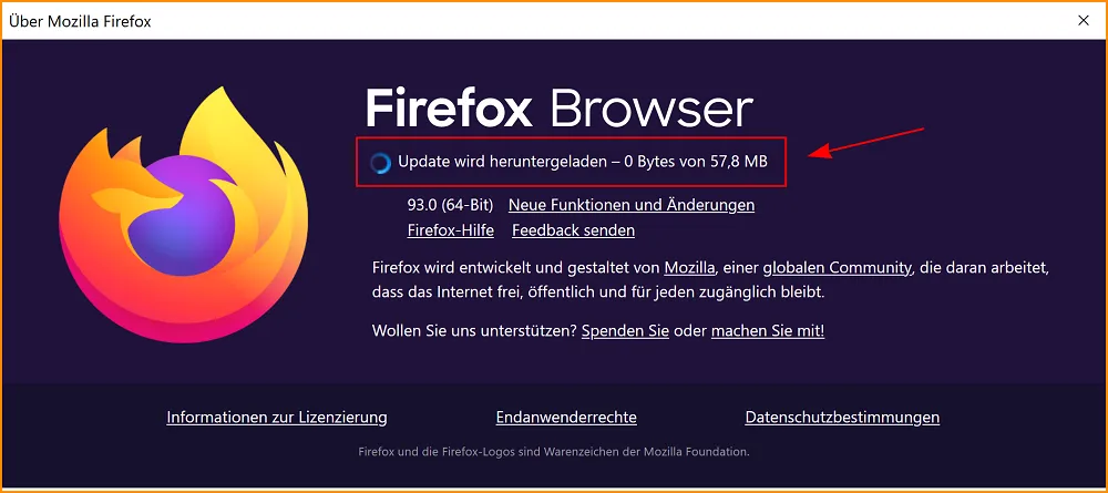 Fenster „Über Mozilla Firefox“ zeigt den Download eines Updates