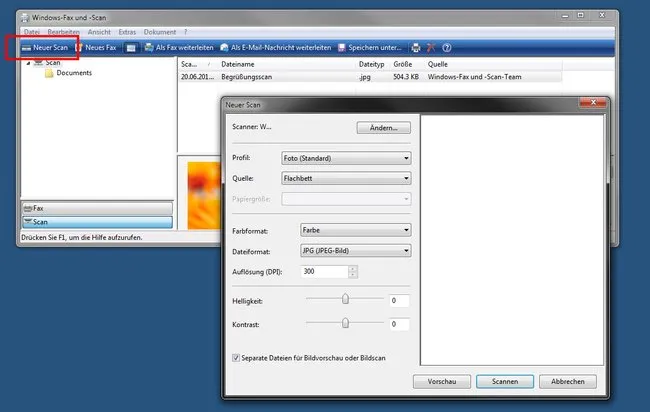 Fenster von Windows Fax und Scan: Starten eines neuen Scans für Dokumente oder Fotos