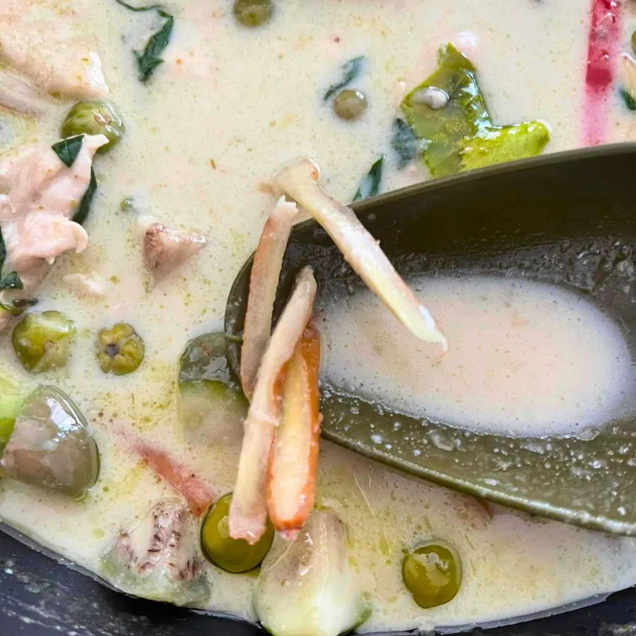 Fertig angerichtetes Grünes Thai Curry mit Garnitur, servierfertig