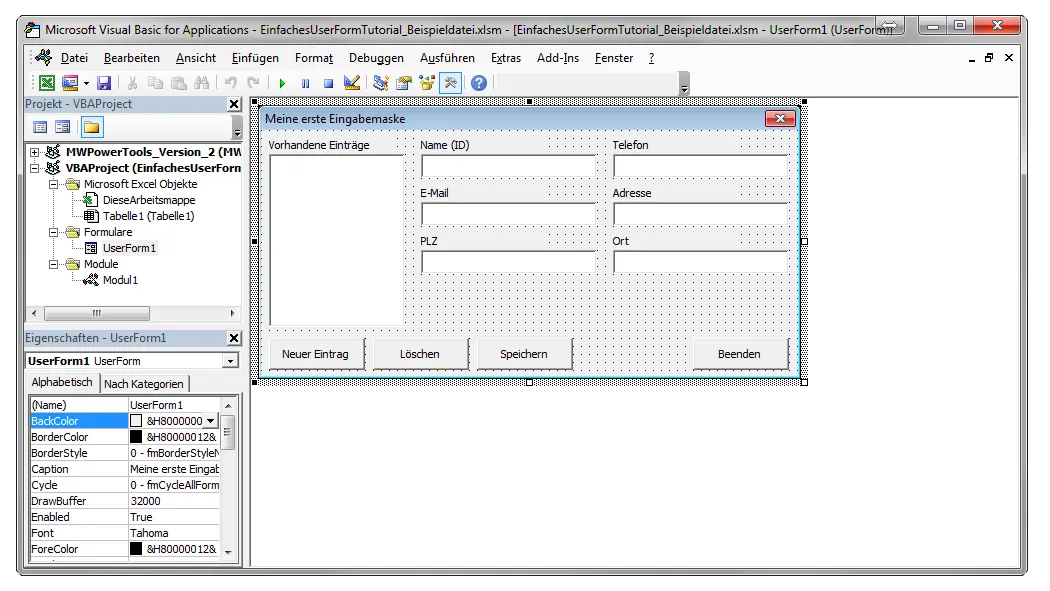 Fertig gestaltete Excel UserForm als Eingabemaske für eine Adressliste