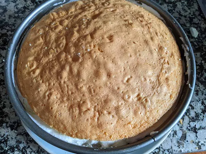 Fertige Dr. Oetker Käse-Sahne-Torte, zugedeckt mit Frischhaltefolie, kühlt im Kühlschrank