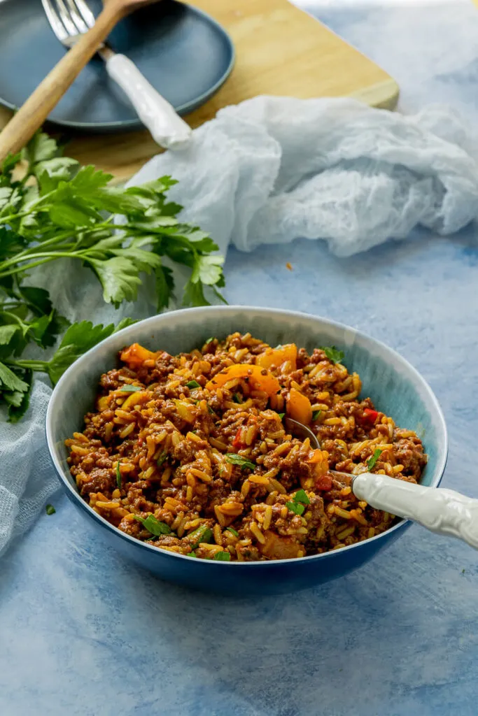 Fertiger Hackfleisch-Reis-Topf mit viel Gemüse, servierfertig in einer rustikalen Pfanne